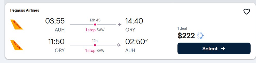Cheap flights from Abu Dhabi, UAE to Paris, France for only $222 USD roundtrip. Flight deal ticket image.