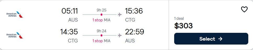 Click here to book this cheap flight deal. Cheap flights from Austin, Texas to Cartagena, Colombia for only $303 roundtrip with American Airlines. Flight deal ticket image.