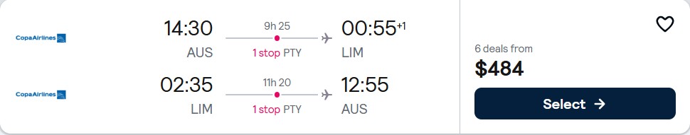 Cheap flights from Austin, Texas to Lima, Peru for only $484 roundtrip with Copa Airlines. Flight deal ticket image.