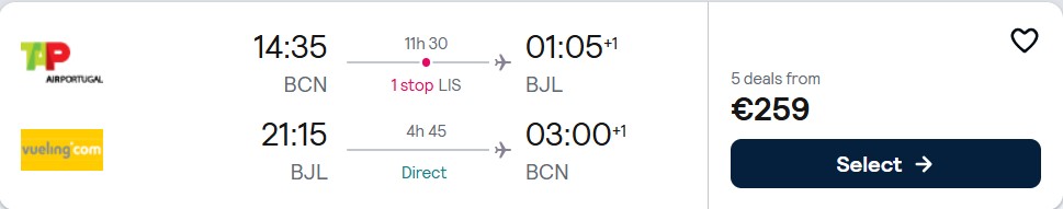 Click here to book this cheap flight deal. Cheap flights from Barcelona, Spain to Banjul, Gambia for only €259 roundtrip with TAP Air Portugal. Flight deal ticket image.