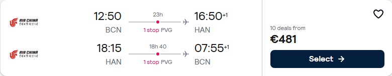 Click here to book this cheap flight deal. Cheap flights from Barcelona, Spain to Hanoi, Vietnam for only €481 roundtrip. Flight deal ticket image.