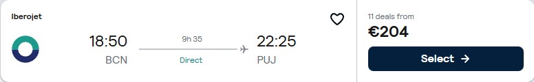 Click here to book this cheap flight deal. Non-stop flights from Barcelona, Spain to the Dominican Republic for only €204 one-way. Flight deal ticket image.
