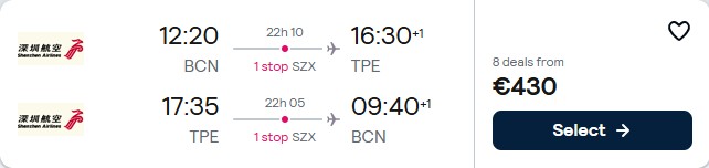 Click here to book this cheap flight deal. Cheap flights from Barcelona, Spain to Taipei, Taiwan for only €430 roundtrip. Flight deal ticket image.