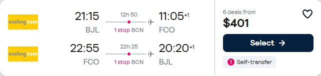 Click here to book this cheap flight deal. Cheap flights from Banjul, Gambia to Rome, Italy for only $401 USD roundtrip. Flight deal ticket image.