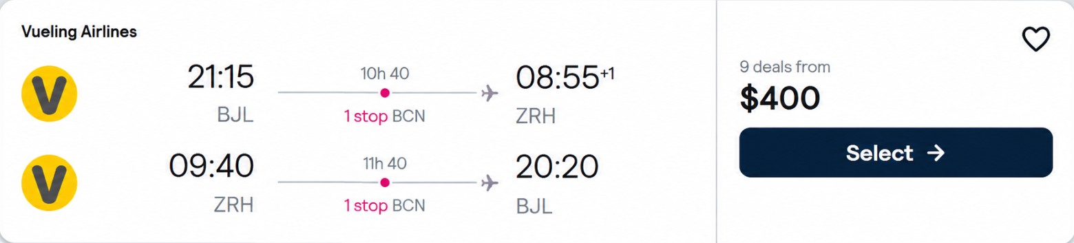 Click here to book this cheap flight deal. Christmas flights from Banjul, Gambia to Zurich, Switzerland for only $400 USD roundtrip. Flight deal ticket image.