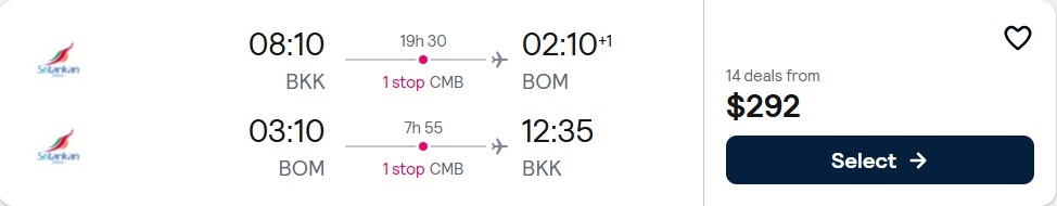 Click here to book this cheap flight deal. Christmas flights from Bangkok, Thailand to Mumbai, India for only $292 USD roundtrip with SriLankan Airlines. Flight deal ticket image.