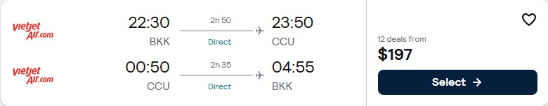 Click here to book this cheap flight deal. Non-stop flights from Bangkok, Thailand to Kolkata, India for only $197 USD roundtrip. Flight deal ticket image.