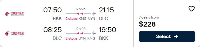 Click here to book this cheap flight deal. Cheap flights from Bangkok, Thailand to Dalian, China for only $228 USD roundtrip. Flight deal ticket image.
