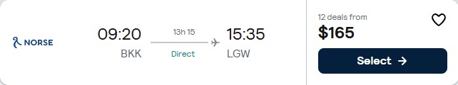 Click here to book this cheap flight deal. Non-stop flights from Bangkok, Thailand to London, UK for only $165 USD one-way. Flight deal ticket image.
