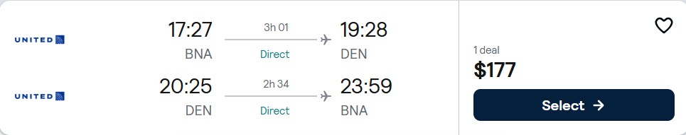 Non-stop flights from Nashville to Denver, Colorado for only $177 roundtrip with United Airlines. Also works in reverse. Flight deal ticket image.