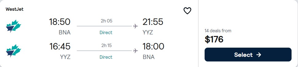 Click here to book this cheap flight deal. Non-stop flights from Nashville to Toronto, Canada for only $176 roundtrip. Flight deal ticket image.