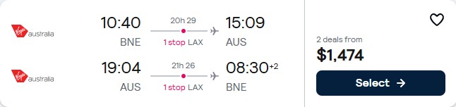 Cheap flights from Brisbane, Australia to Austin, Texas for only $1474 AUD roundtrip with Virgin Australia. Flight deal ticket image.