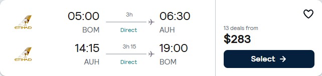 Non-stop flights from Mumbai, India to Abu Dhabi, UAE for only $283 USD roundtrip with Etihad Airways. Flight deal ticket image.
