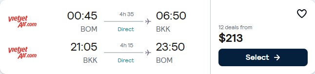 Click here to book this cheap flight deal. Non-stop flights from Mumbai, India to Bangkok, Thailand for only $213 USD roundtrip. Flight deal ticket image.