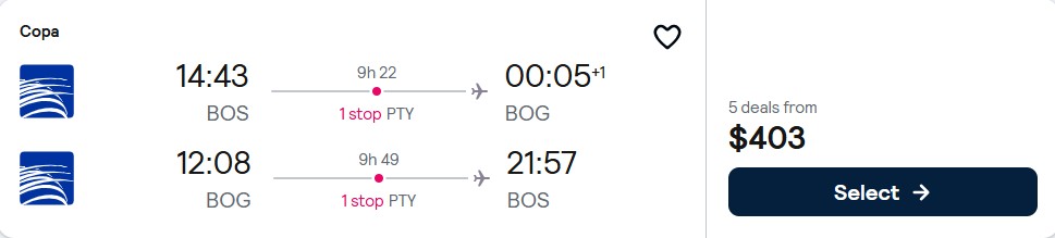 Click here to book this cheap flight deal. Cheap flights from Boston to Bogota, Colombia for only $403 roundtrip with Copa Airlines. Flight deal ticket image.