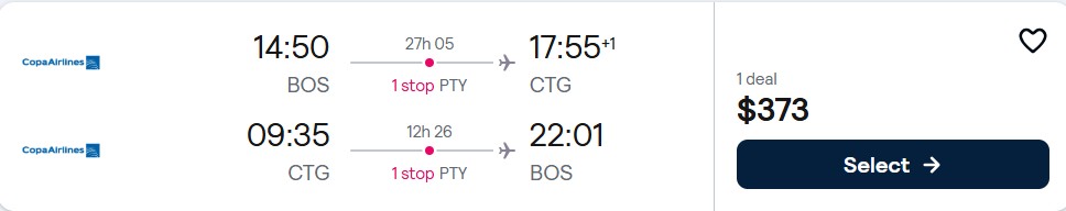 Click here to book this cheap flight deal. Cheap flights from Boston to Cartagena, Colombia for only $373 roundtrip with Copa Airlines. Flight deal ticket image.