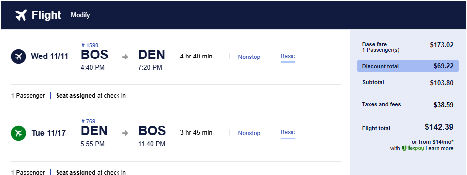 Click here to book this cheap flight deal. Non-stop flights from Boston, USA to Denver, USA for only $142 roundtrip. Also works in reverse. Flight deal ticket image.