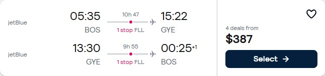 Cheap flights from Boston to Guayaquil, Ecuador for only $387 roundtrip with JetBlue. Flight deal ticket image.
