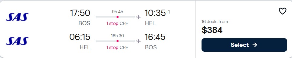 Click here to book this cheap flight deal. Cheap flights from Boston to Helsinki, Finland for only $384 roundtrip with Scandinavian Airlines. Flight deal ticket image.