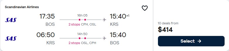 Click here to book this cheap flight deal. Cheap flights from Boston to Kristiansand, Norway for only $414 roundtrip with Scandinavian Airlines. Flight deal ticket image.