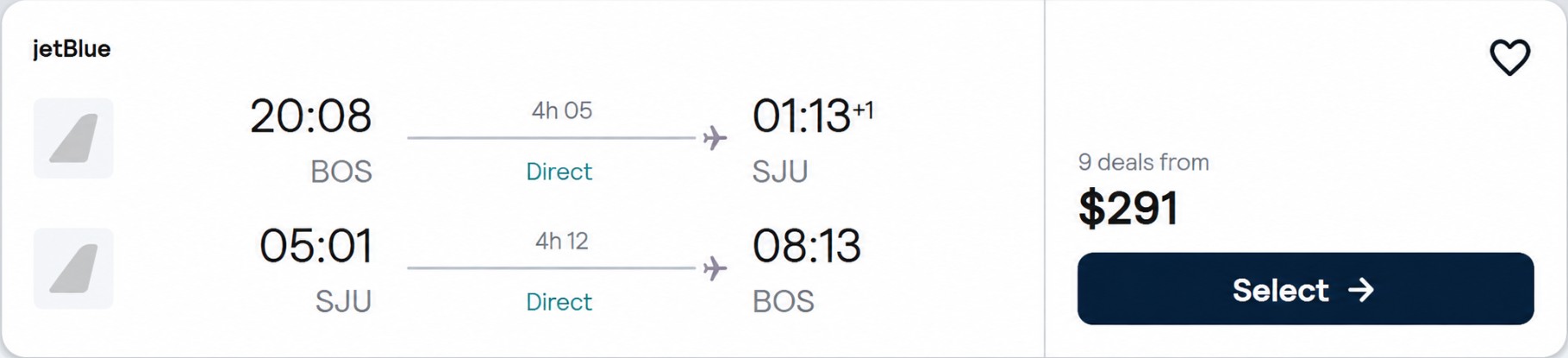 Click here to book this cheap flight deal. Non-stop flights from Boston to San Juan, Puerto Rico for only $291 roundtrip with JetBlue. Flight deal ticket image.