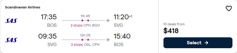 Cheap flights from Boston to Stavanger, Norway for only $418 roundtrip with Scandinavian Airlines. Flight deal ticket image.