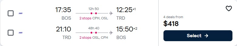 Click here to book this cheap flight deal. Cheap flights from Boston to Trondheim, Norway for only $418 roundtrip with Scandinavian Airlines. Flight deal ticket image.