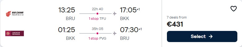 Click here to book this cheap flight deal. Cheap flights from Brussels, Belgium to Bangkok, Thailand for only €431 roundtrip. Flight deal ticket image.