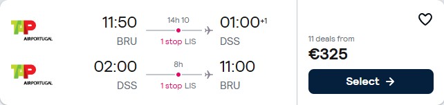 Click here to book this cheap flight deal. Cheap flights from Brussels, Belgium to Dakar, Senegal for only €325 roundtrip with TAP Air Portugal. Flight deal ticket image.