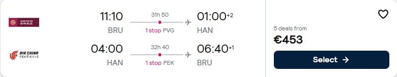 Cheap flights from Brussels, Belgium to Hanoi, Vietnam for only €453 roundtrip. Flight deal ticket image.