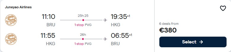 Click here to book this cheap flight deal. Cheap flights from Brussels, Belgium to Hong Kong for only €380 roundtrip. Flight deal ticket image.