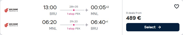 Cheap flights from Brussels, Belgium to Manila, Philippines for only €489 roundtrip. Flight deal ticket image.