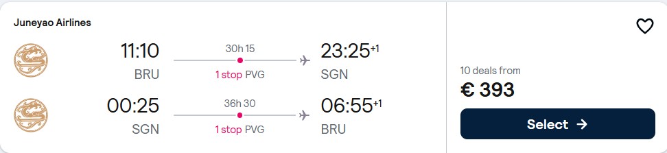 Click here to book this cheap flight deal. Cheap flights from Brussels, Belgium to Ho Chi Minh City or Hanoi, Vietnam from only €393 roundtrip. Flight deal ticket image.
