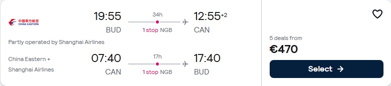 Click here to book this cheap flight deal. Cheap flights from Budapest, Hungary to Guangzhou, China for only €470 roundtrip. Flight deal ticket image.