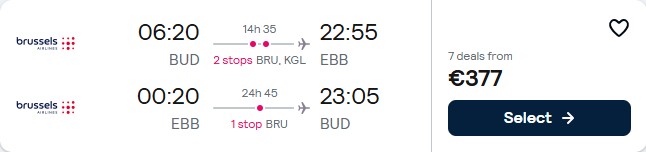 Click here to book this cheap flight deal. Cheap flights from Budapest, Hungary to Entebbe, Uganda for only €377 roundtrip with Brussels Airlines. Flight deal ticket image.