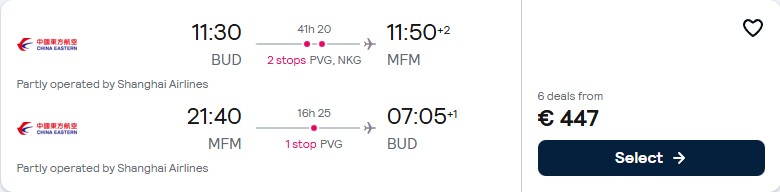Click here to book this cheap flight deal. Cheap flights from Budapest, Hungary to Macau, China for only €447 roundtrip. Flight deal ticket image.