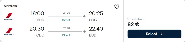 Click here to book this cheap flight deal. Non-stop flights from Budapest, Hungary to Paris, France for only €82 roundtrip with Air France. Flight deal ticket image.
