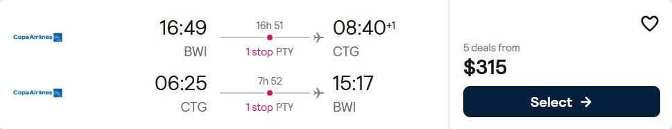 Cheap flights from Baltimore to Cartagena, Colombia for only $315 roundtrip with Copa Airlines. Flight deal ticket image.