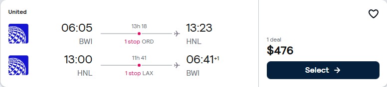 Click here to book this cheap flight deal. Cheap flights from Baltimore to Honolulu, Hawaii for only $476 roundtrip with United Airlines. Also works in reverse. Flight deal ticket image.