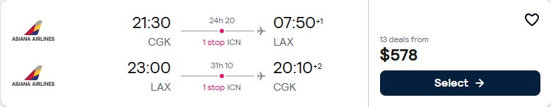 Cheap flights from Jakarta, Indonesia to Los Angeles, USA for only $578 USD roundtrip with Asiana Airlines. Flight deal ticket image.