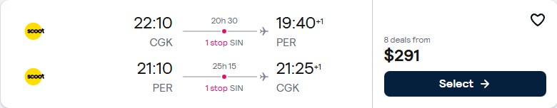 Click here to book this cheap flight deal. Cheap flights from Jakarta, Indonesia to Perth, Australia for only $291 USD roundtrip. Flight deal ticket image.
