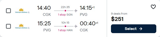 Click here to book this cheap flight deal. Cheap flights from Jakarta, Indonesia to Shanghai, China for only $251 USD roundtrip with Vietnam Airlines. Flight deal ticket image.