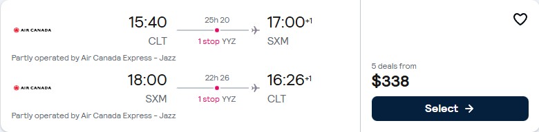Click here to book this cheap flight deal. Cheap flights from Charlotte, North Carolina to St. Martin for only $338 roundtrip with Air Canada. Flight deal ticket image.