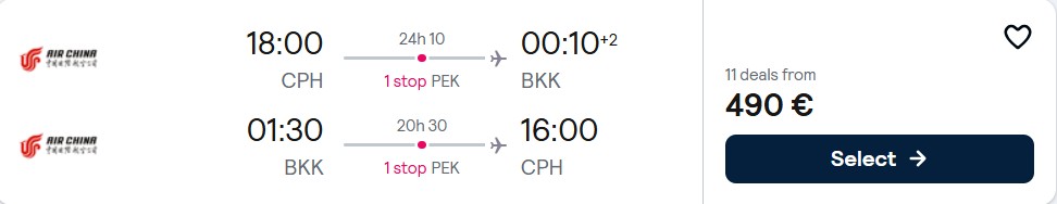 Click here to book this cheap flight deal. Cheap flights from Copenhagen, Denmark to Bangkok or Phuket, Thailand from only €490 roundtrip. Flight deal ticket image.
