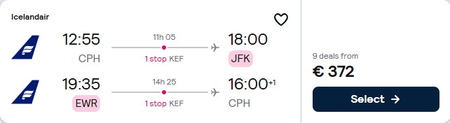Click here to book this cheap flight deal. Cheap flights from Copenhagen, Denmark to New York, USA for only €372 roundtrip. Flight deal ticket image.