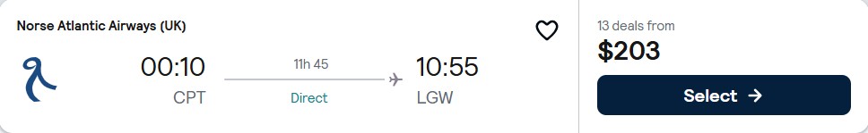 Click here to book this cheap flight deal. Non-stop flights from Cape Town, South Africa to London, UK for only $203 USD one-way. Flight deal ticket image.