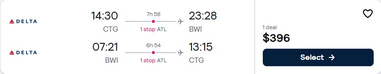 Cheap flights from Cartagena, Colombia to Baltimore, USA for only $396 USD roundtrip with Delta Air Lines. Flight deal ticket image.