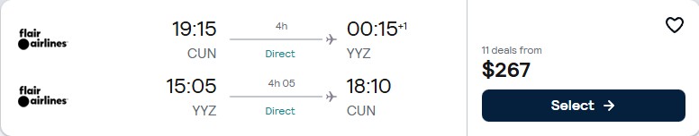 Click here to book this cheap flight deal. Non-stop flights from Cancun, Mexico to Toronto, Canada for only $267 USD roundtrip. Flight deal ticket image.