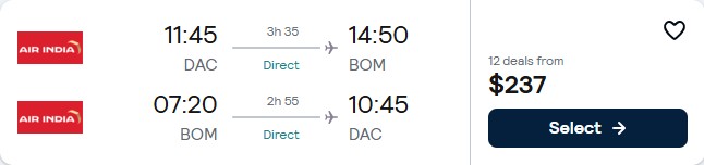 Non-stop flights from Dhaka, Bangladesh to Mumbai, India for only $237 USD roundtrip. Flight deal ticket image.