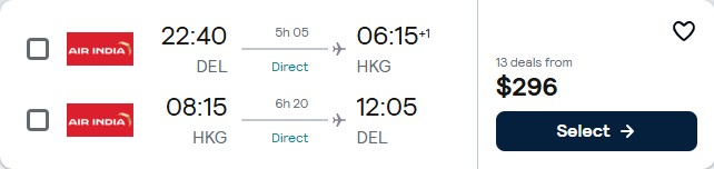 Click here to book this cheap flight deal. Non-stop flights from Delhi, India to Hong Kong for only $296 USD roundtrip. Flight deal ticket image.